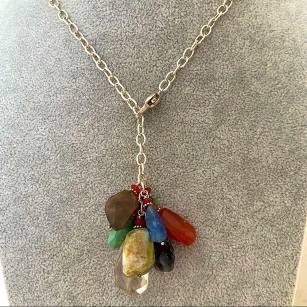 Sundance 925 Silver Metal Chain Rainbow Gemstone Tassel Drop Lariat Necklace NEW